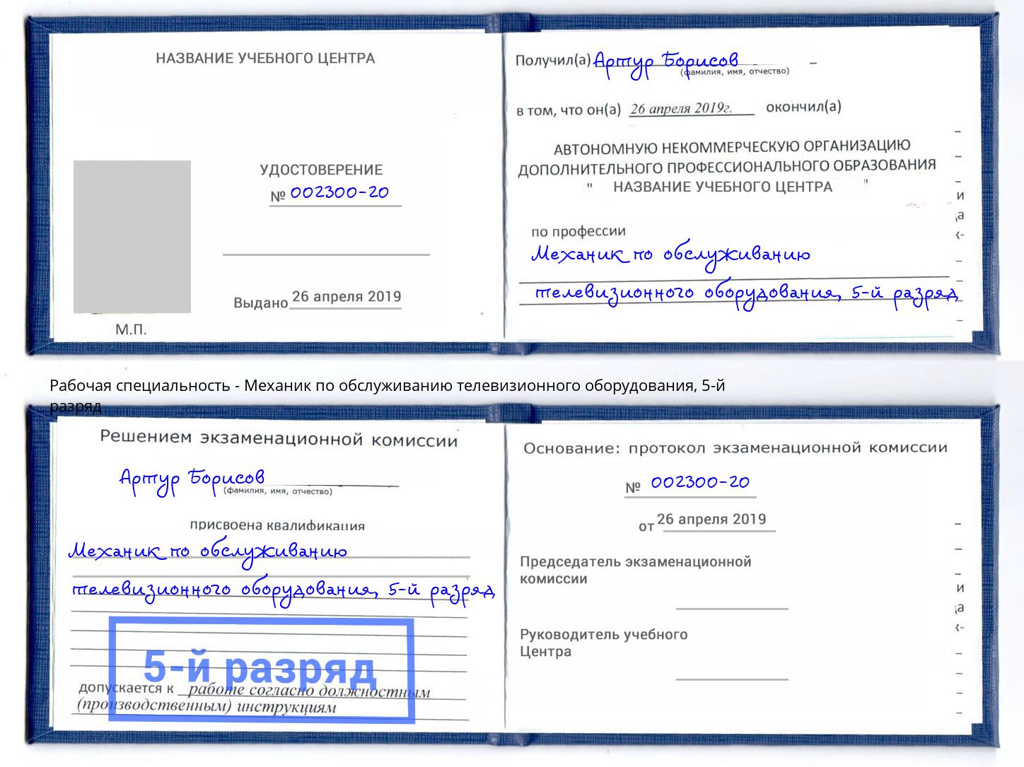 корочка 5-й разряд Механик по обслуживанию телевизионного оборудования Приморско-Ахтарск